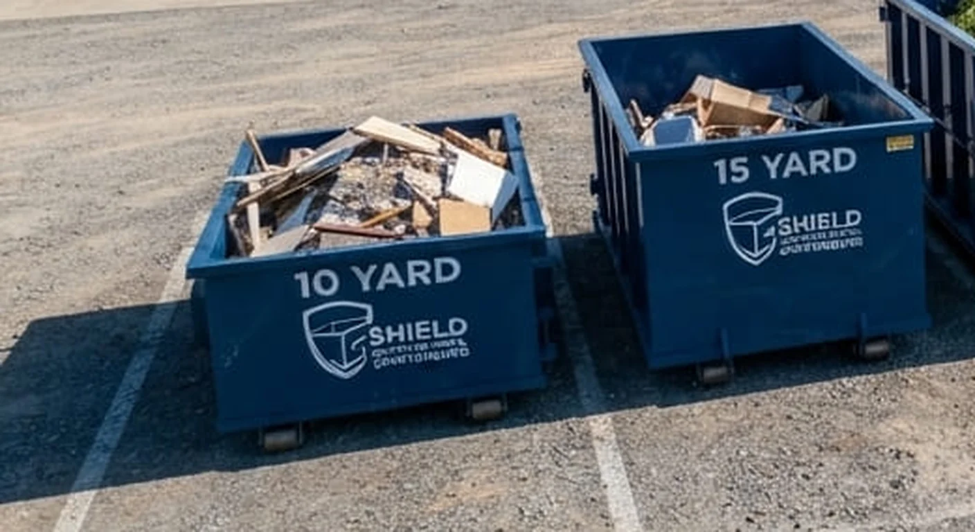 A Shield 10 yard roll-off dumpster at the yard, labeled and loaded with debris