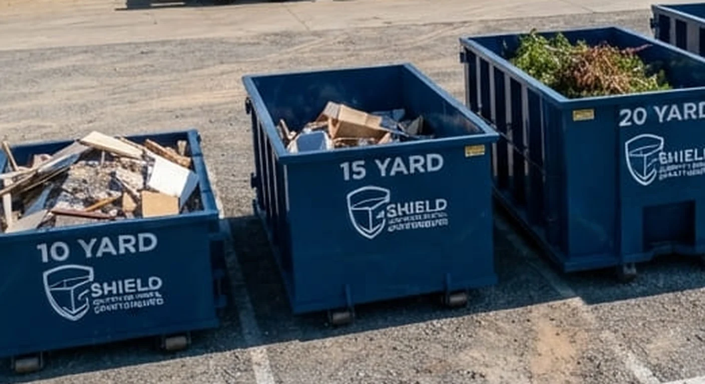 A Shield 15 yard roll-off dumpster at the yard, labeled and loaded with debris