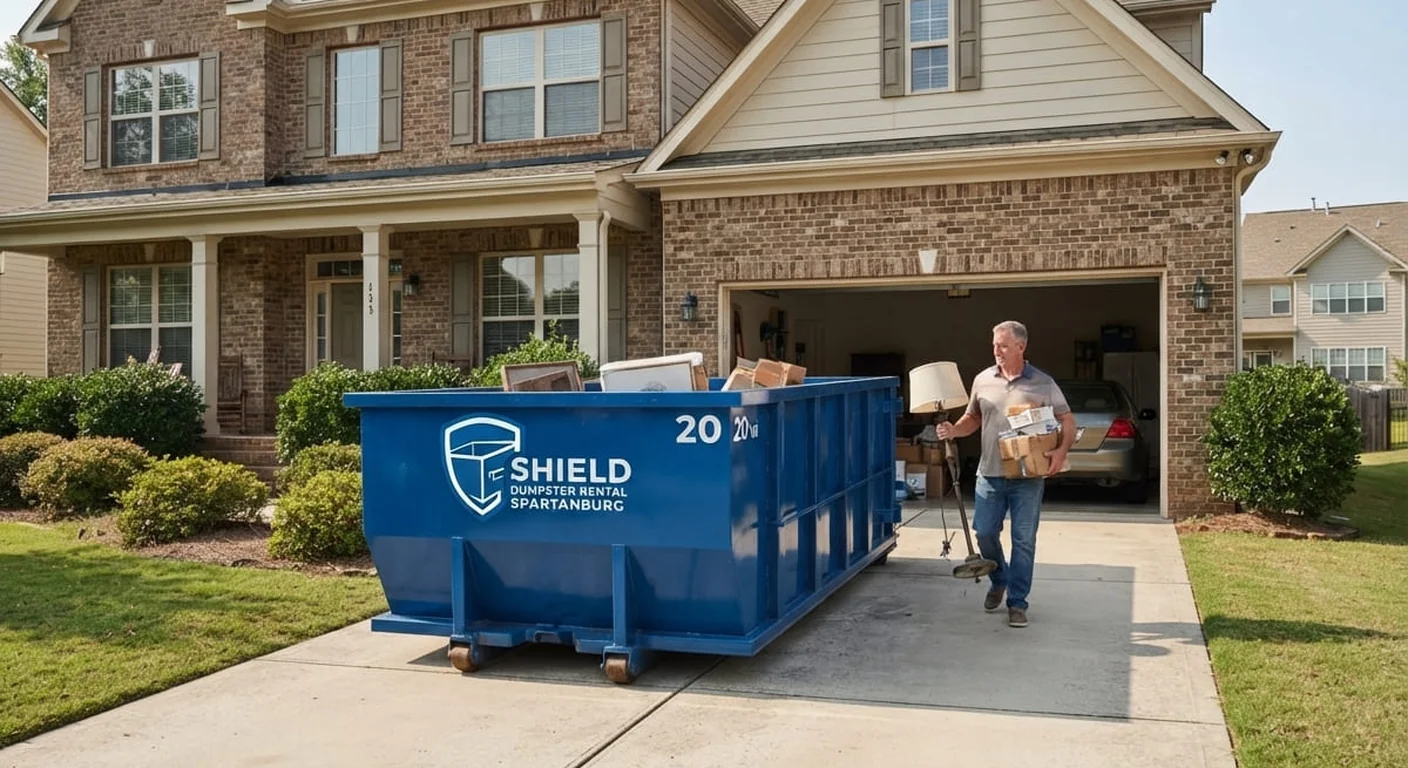 A homeowner loading items next to a Shield 20 yard dumpster on a residential driveway