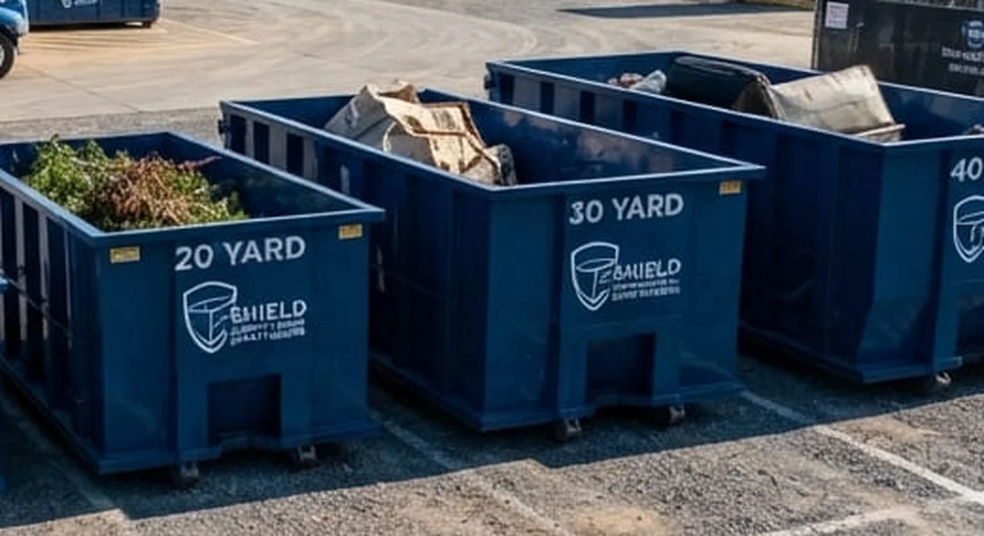 A Shield 30 yard roll-off dumpster at the yard, labeled and loaded with debris