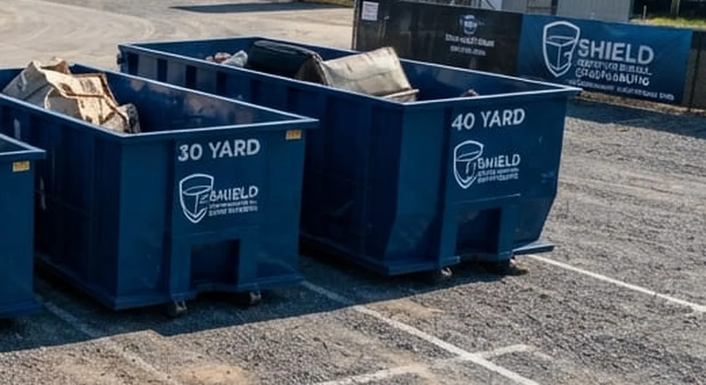 A Shield 40 yard roll-off dumpster at the yard, labeled and loaded with debris