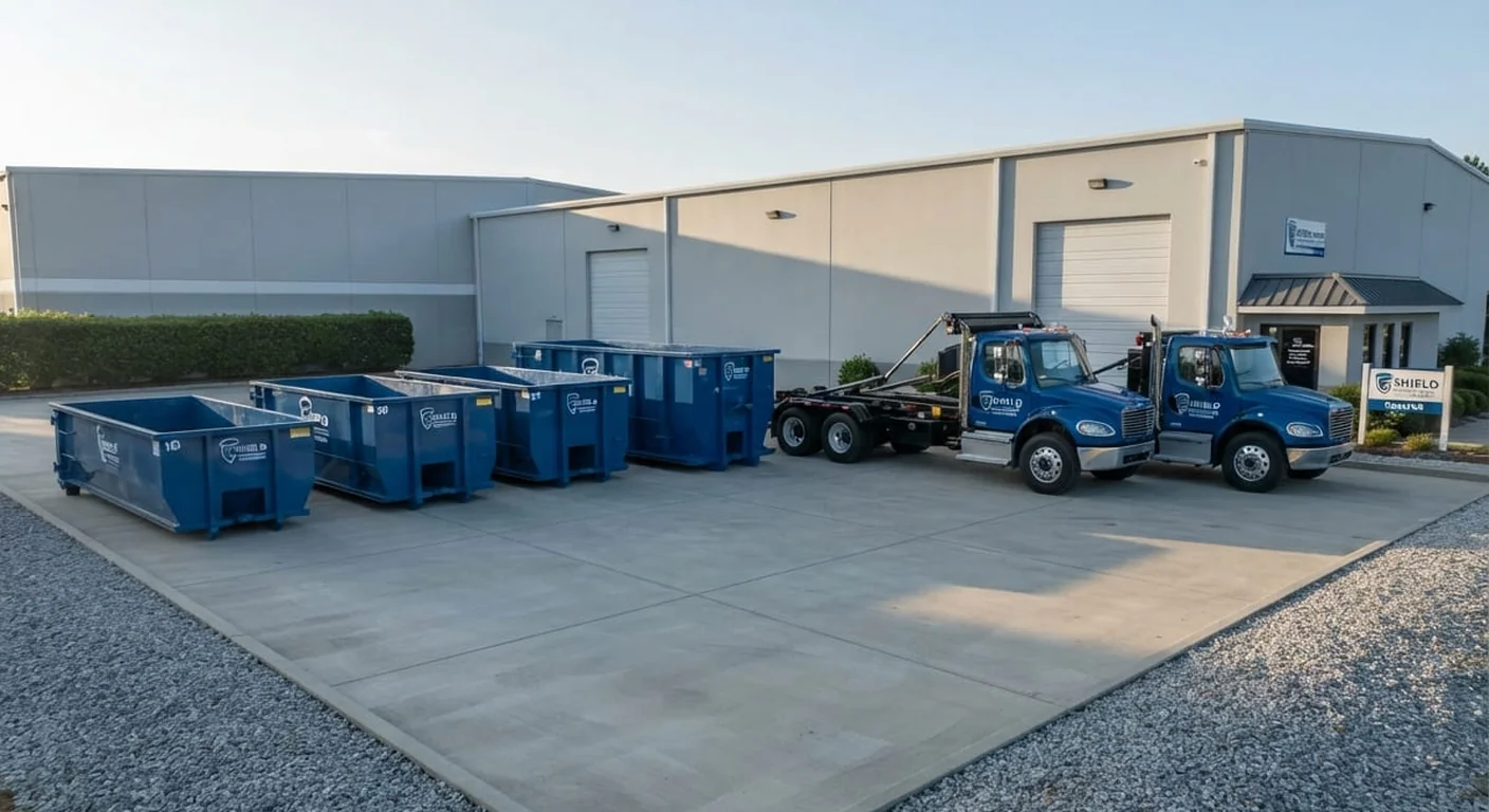 Shield roll-off containers and trucks staged outside a commercial facility
