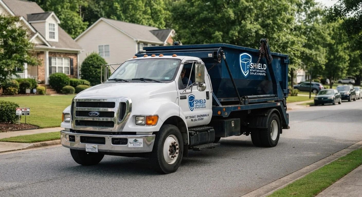 A Shield roll-off dumpster truck delivering a container through a job-site neighborhood