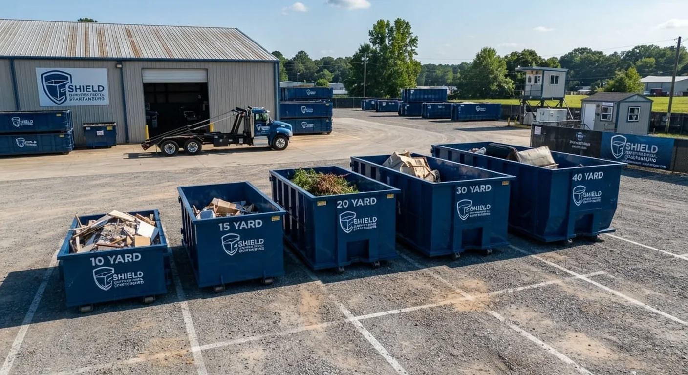 A row of Shield roll-off dumpsters at the yard, some loaded with wood and demolition debris