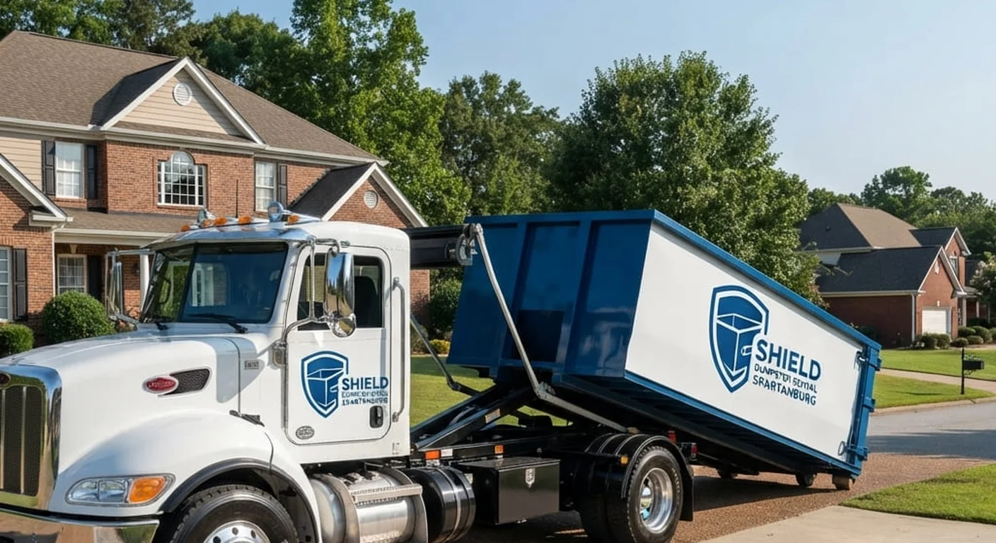 A Shield roll-off truck tilting a dumpster into place on a residential driveway