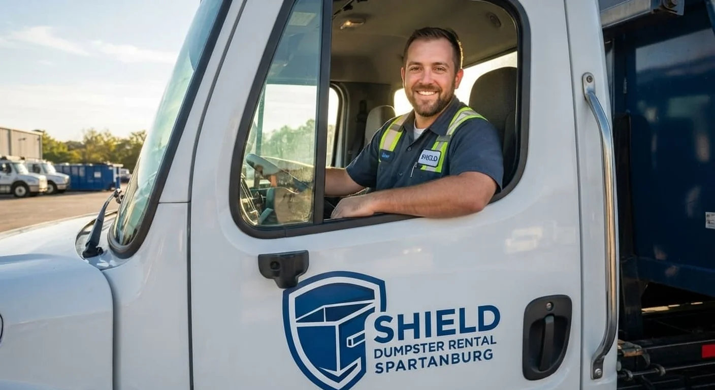 A smiling Shield Dumpster Rental Spartanburg crew member in a company truck, ready to help size your dumpster