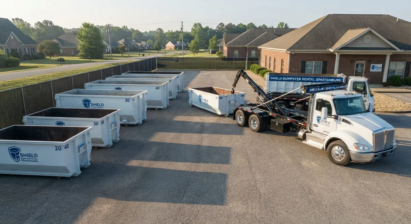 An aerial view of Shield's roll-off container fleet and delivery truck parked at the facility
