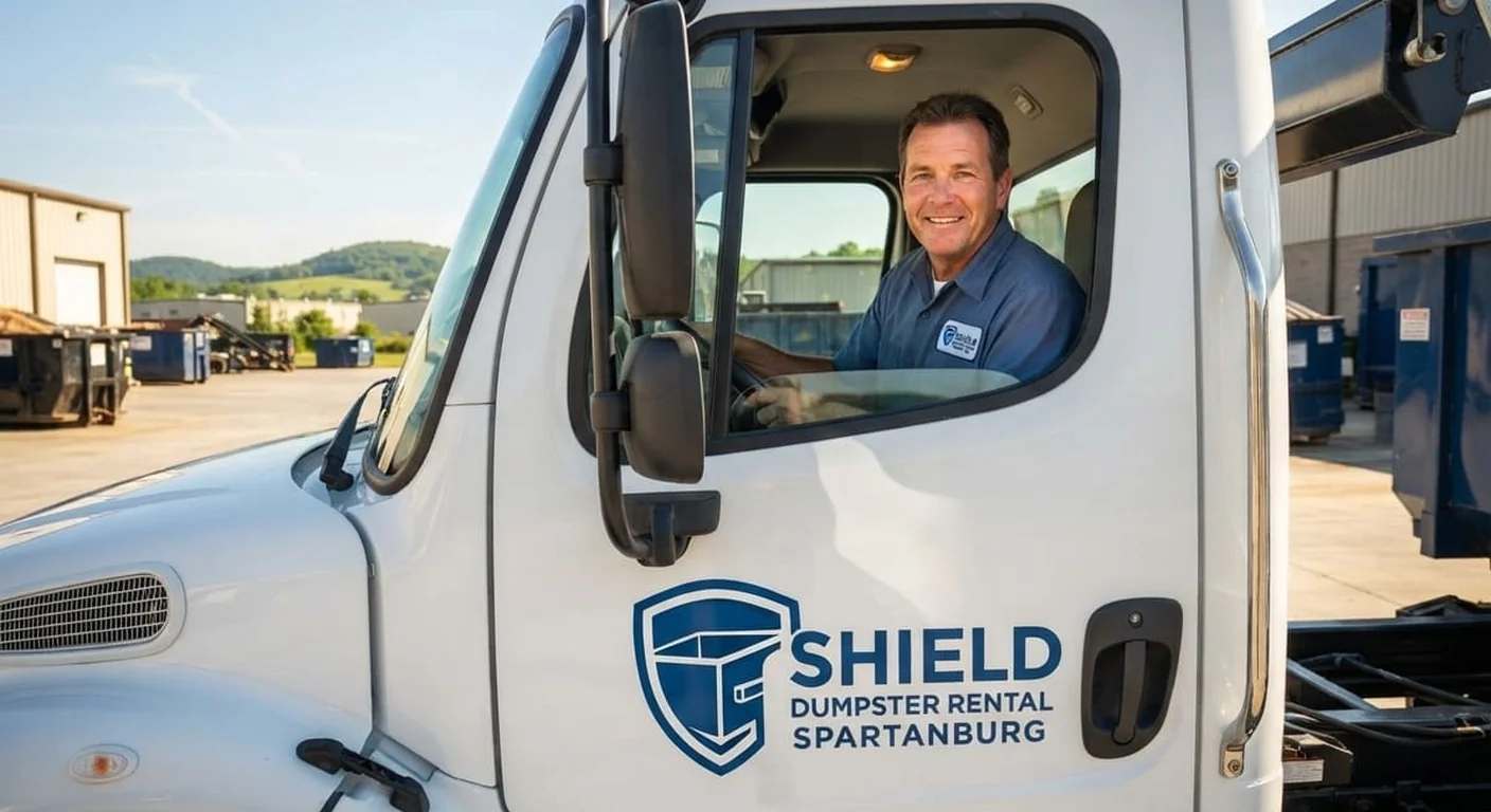 A Shield Dumpster Rental Spartanburg driver in the cab of a company roll-off truck
