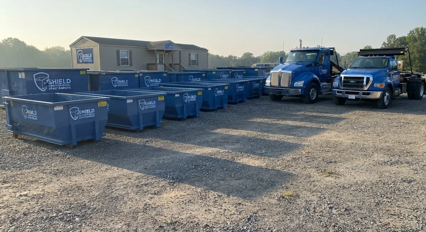 Shield Dumpster Rental Spartanburg roll-off containers and trucks lined up at the yard