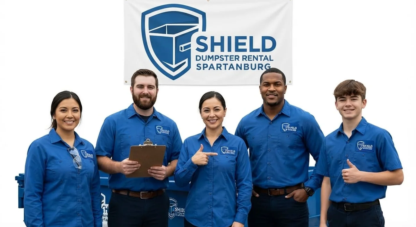 The Shield Dumpster Rental Spartanburg crew standing together at the yard in front of a roll-off dumpster