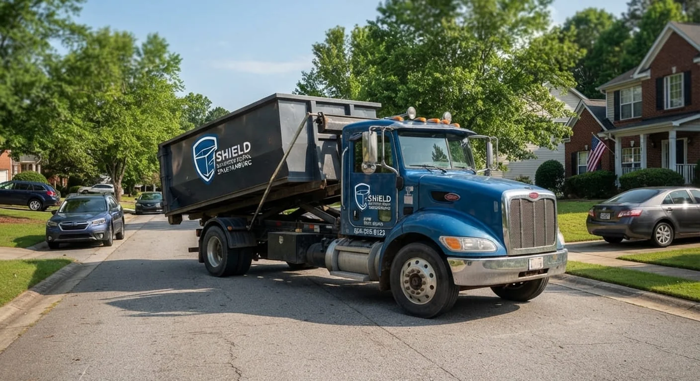 A Shield truck hauling a loaded dumpster away from a residential street after a junk removal job