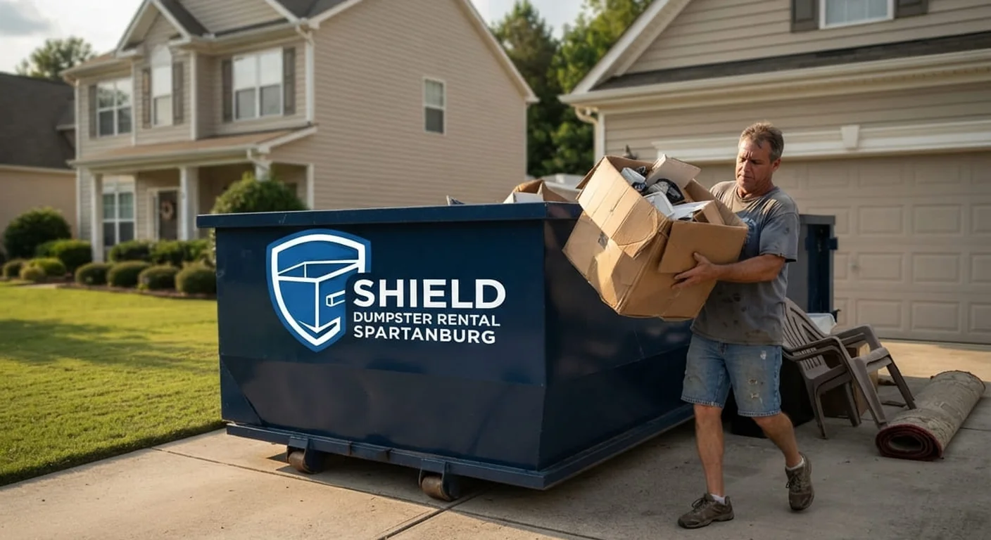 A homeowner loading boxes and furniture into a Shield roll-off dumpster on a residential driveway
