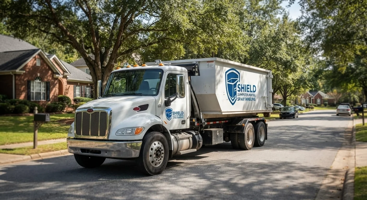 A Shield roll-off truck carrying a dumpster down a residential street for a roofing job