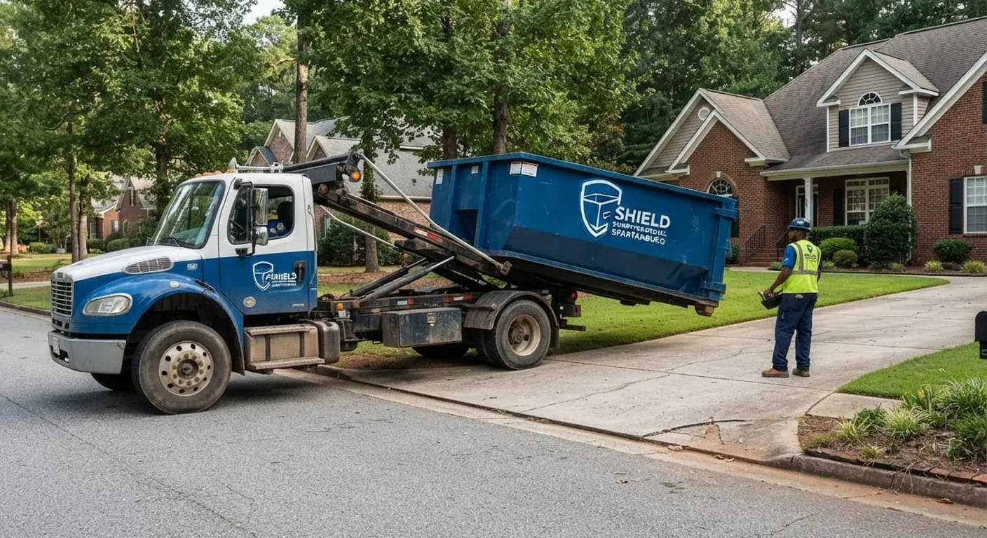 A Shield crew member guiding a roll-off dumpster into place during a same-day delivery