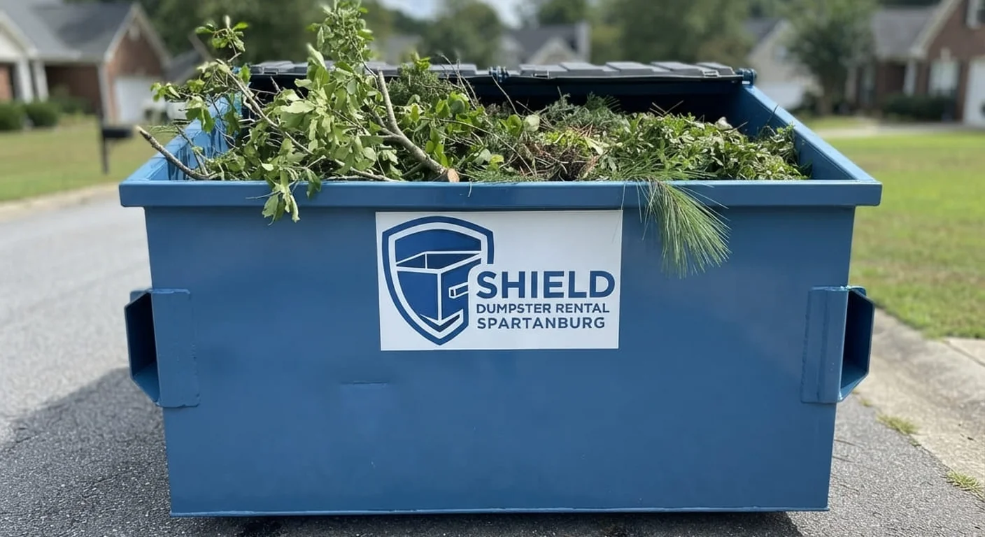 A Shield dumpster filled with branches and yard waste after a cleanup